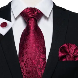 Beautiful Red Floral Silk Tie Pocket Square Cufflinks Set