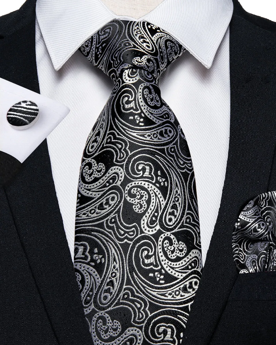 Black paisley Tie Hanky Cufflinks Set