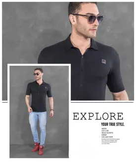 Black Solid Slim fit Cotton polo collar shirt for men