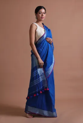 Blue Color Cotton Linen Saree With Unstitched Blouse