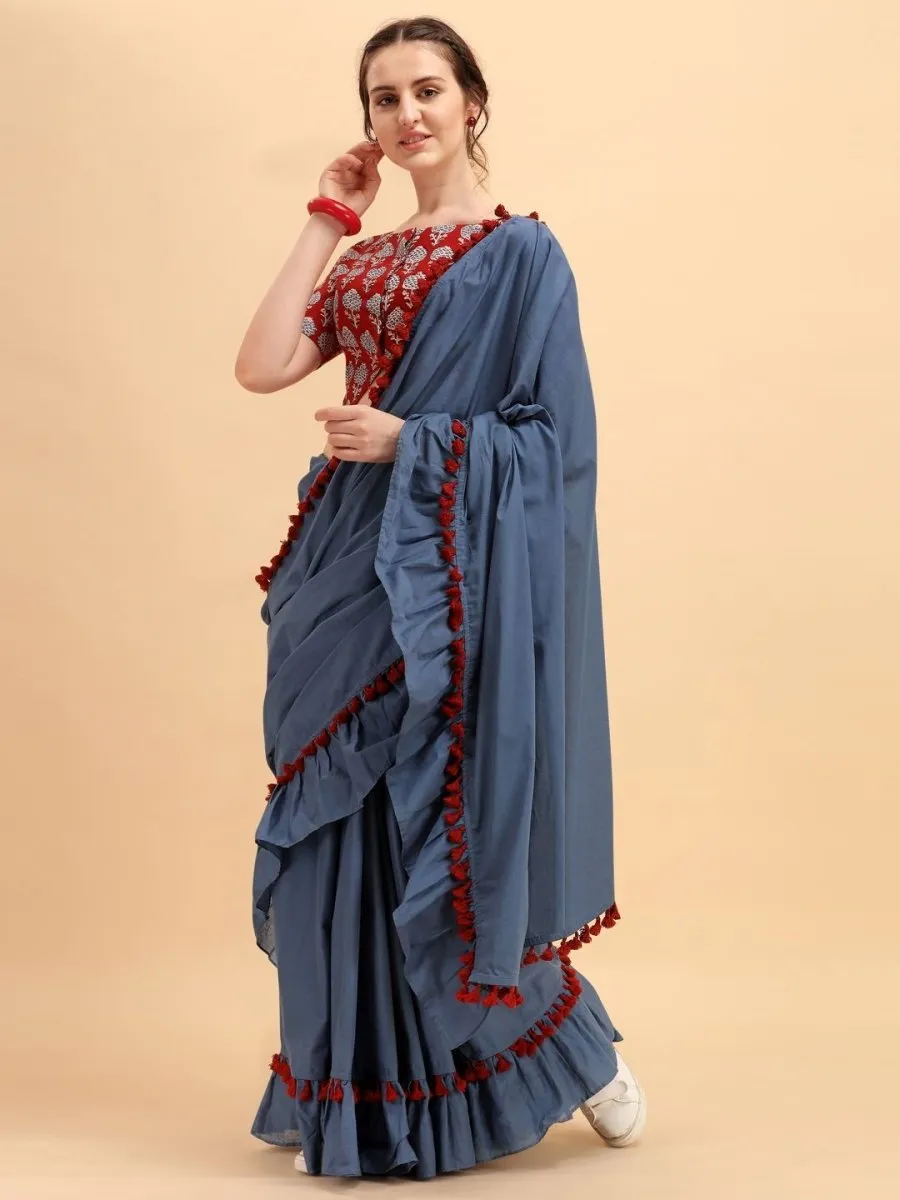 Blue Solid Ruffled Saree withPompom Border and Printed Blouse