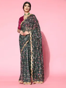 Dark Blur Checked Zari Chanderi Saree