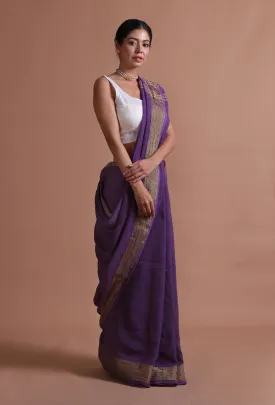 Dark Purple Color Cotton Linen Saree With Unstitched Blouse