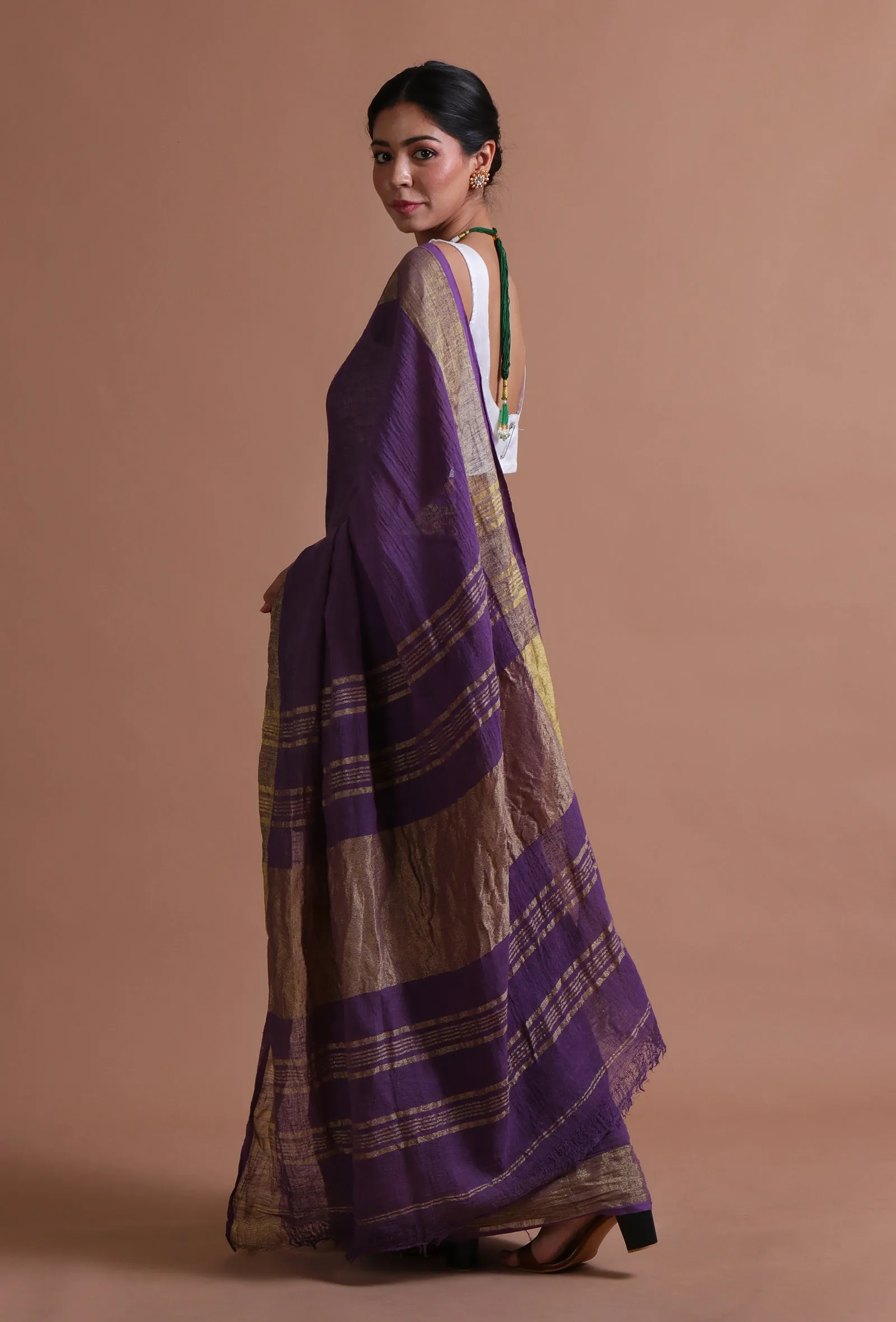 Dark Purple Color Cotton Linen Saree With Unstitched Blouse