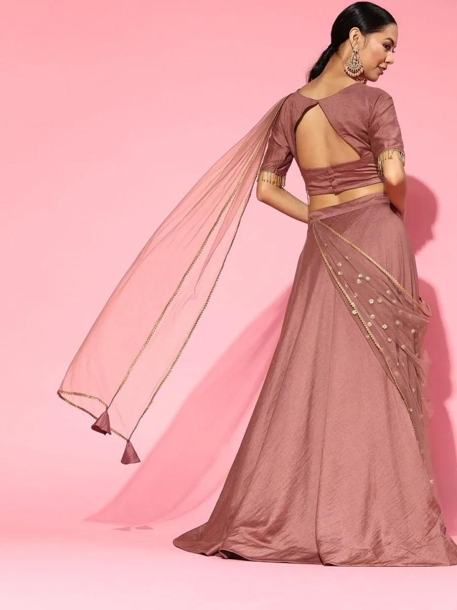 Dirty Pink Stitched Lehenga Embroidered Saree with Blouse Piece