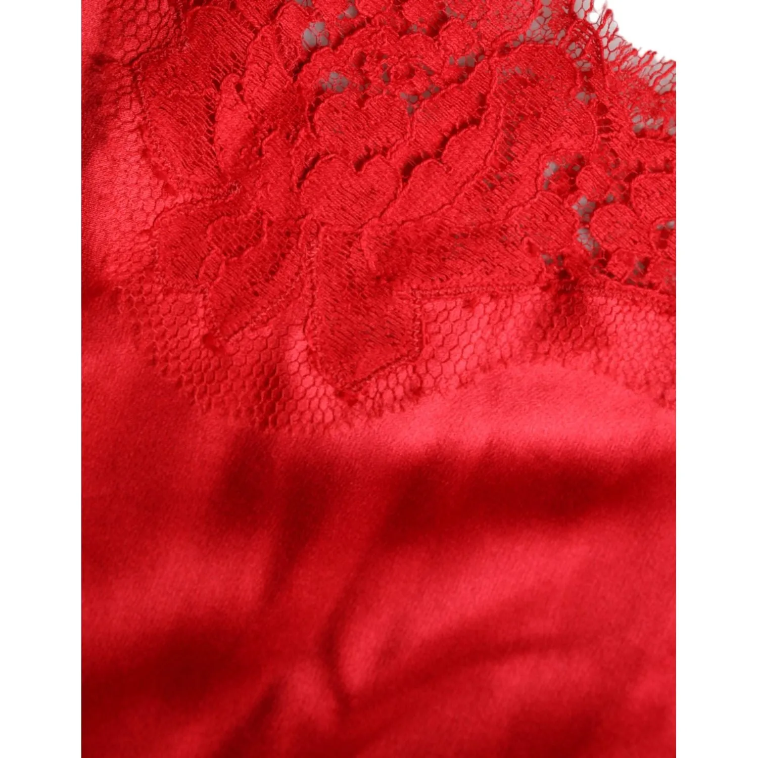 Dolce & Gabbana Red Satin Lace Trim Round Neck Blouse Top