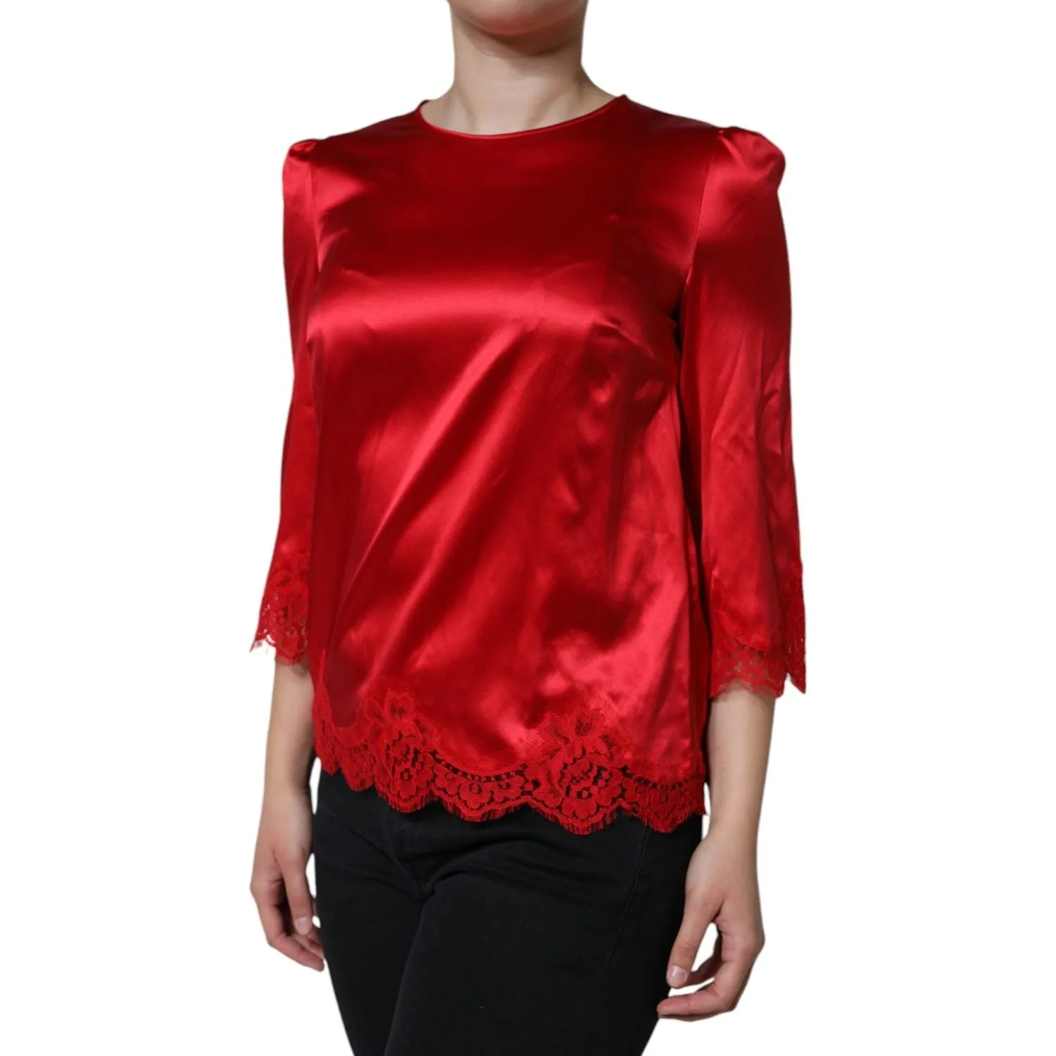 Dolce & Gabbana Red Satin Lace Trim Round Neck Blouse Top