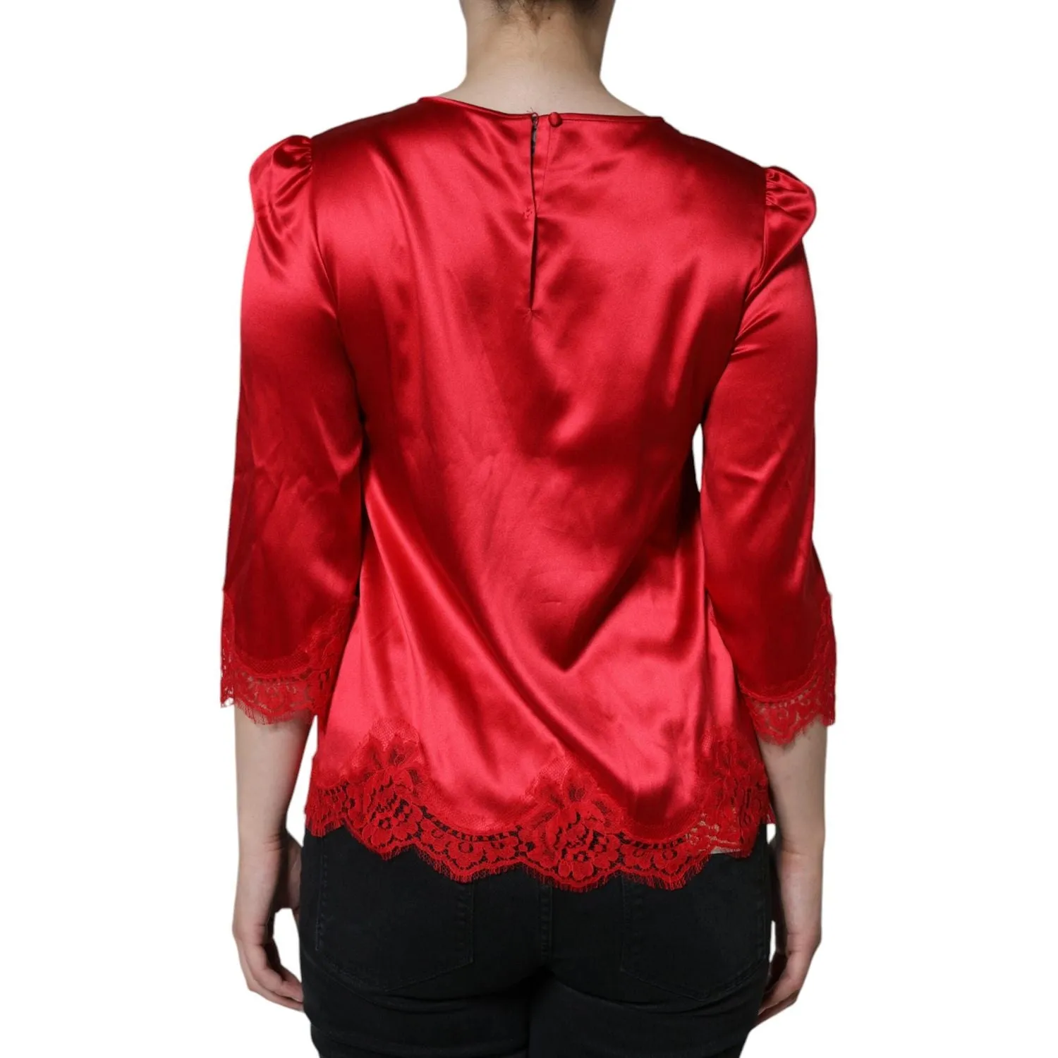 Dolce & Gabbana Red Satin Lace Trim Round Neck Blouse Top