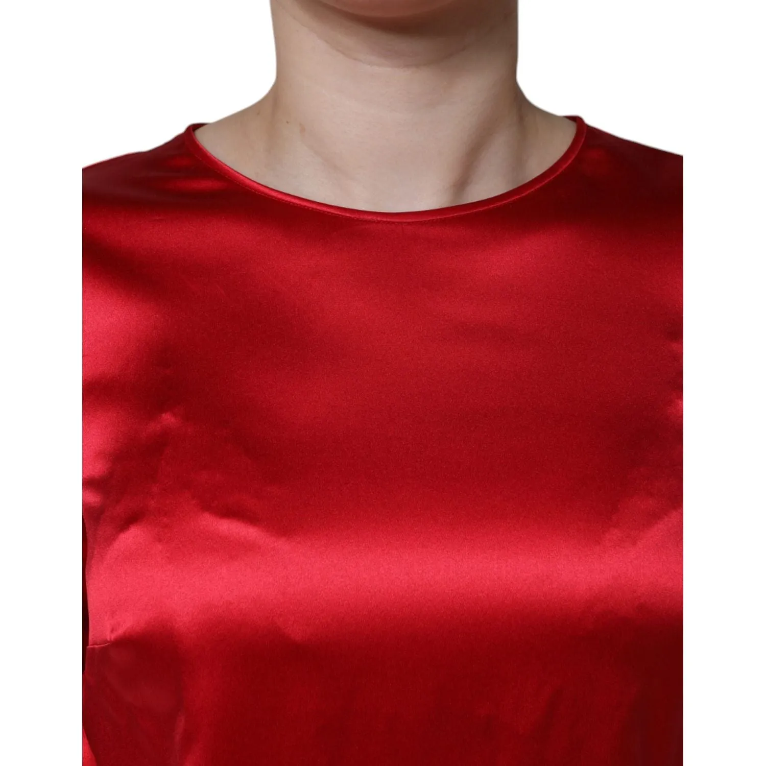 Dolce & Gabbana Red Satin Lace Trim Round Neck Blouse Top