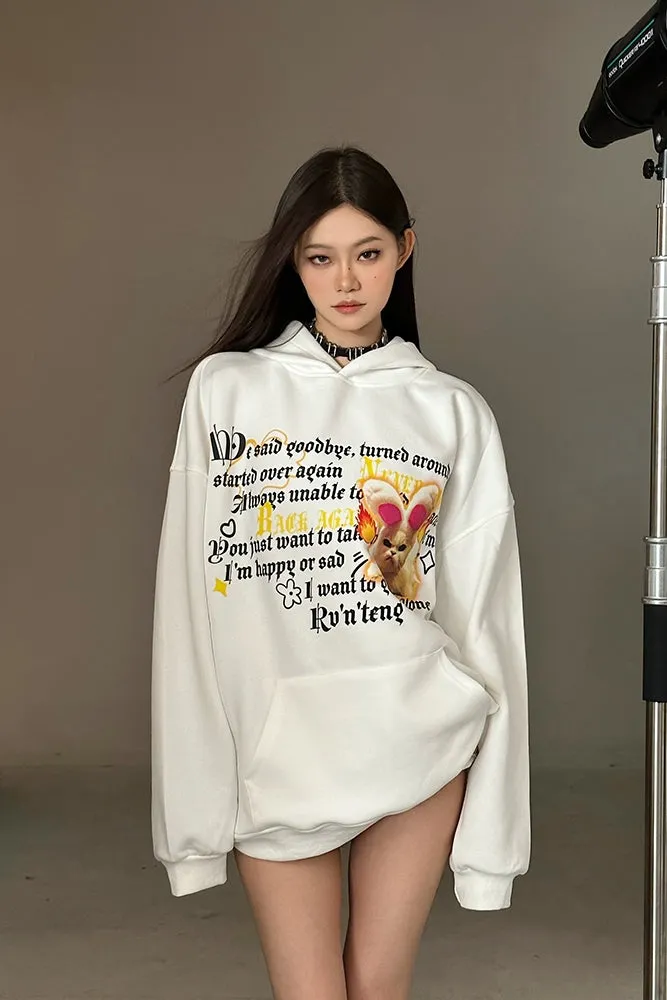 Dria Solid Color Graphic Letter Image Print Long Sleeve Baggy Hoodie