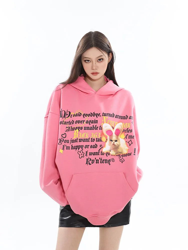 Dria Solid Color Graphic Letter Image Print Long Sleeve Baggy Hoodie