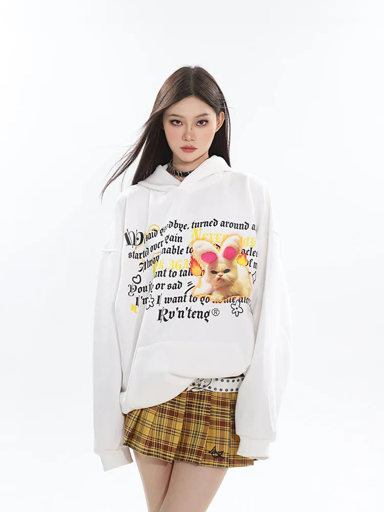 Dria Solid Color Graphic Letter Image Print Long Sleeve Baggy Hoodie