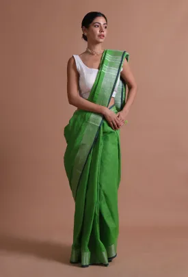 Green Color Cotton Linen Saree With Unstitched Blouse