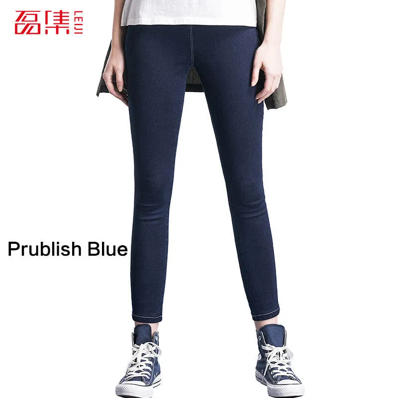 Leiji Fashion S 6XL Blue Leggings 2016 Summer Autumn High Waist Elastic plus Size women Skinny jeans Femme Capris denim pants