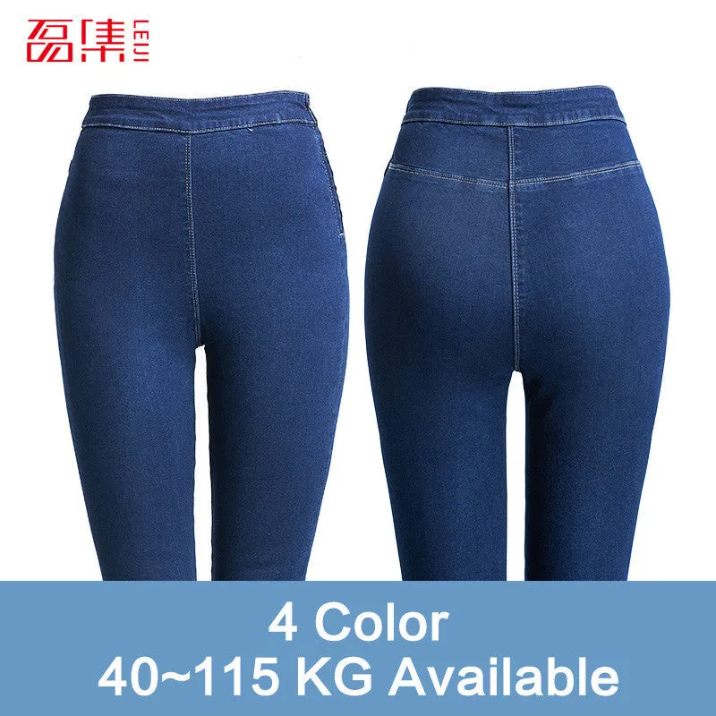 Leiji Fashion S 6XL Blue Leggings 2016 Summer Autumn High Waist Elastic plus Size women Skinny jeans Femme Capris denim pants