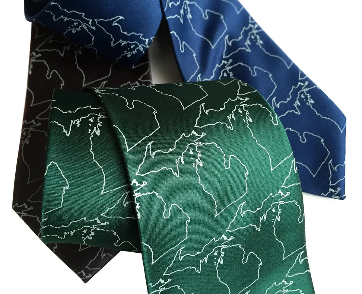 Michigan Outline Necktie, Michigan Mitten Map Silk Tie