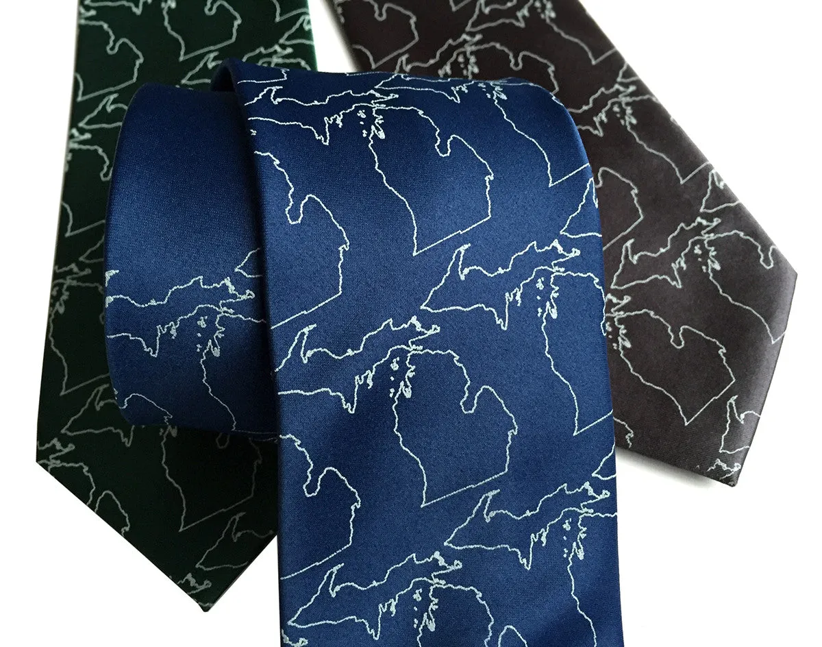 Michigan Outline Necktie, Michigan Mitten Map Silk Tie