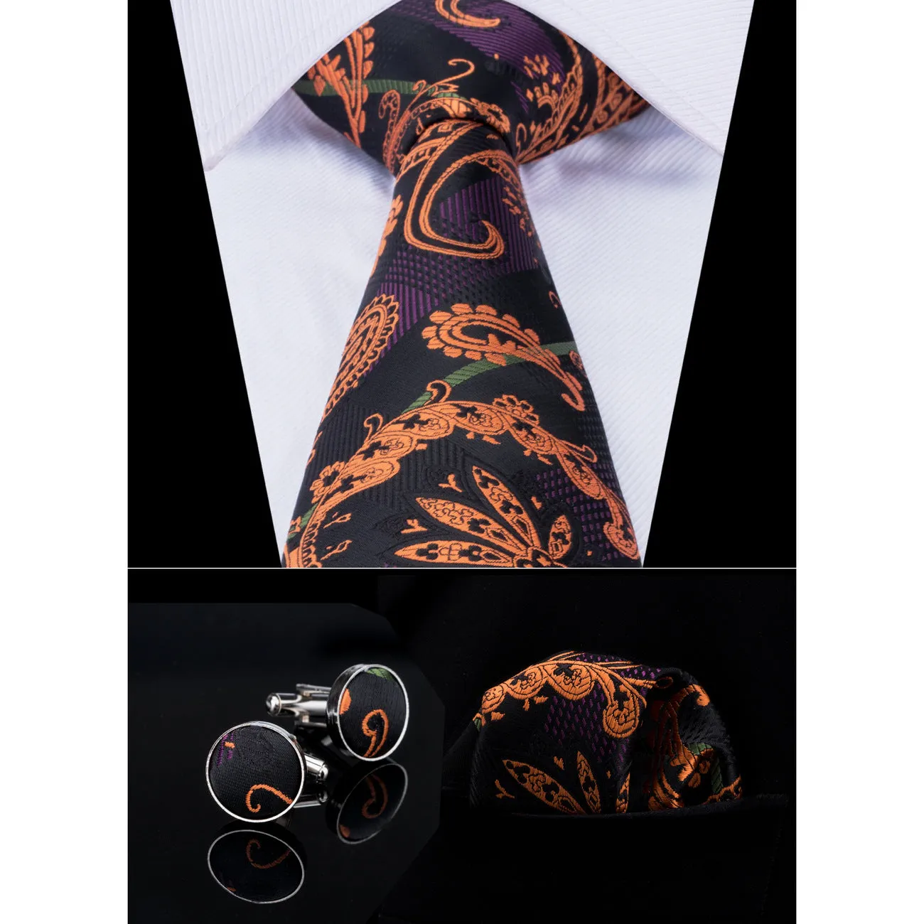 Purple Yellow Paisley Tie Hanky Cufflinks Set