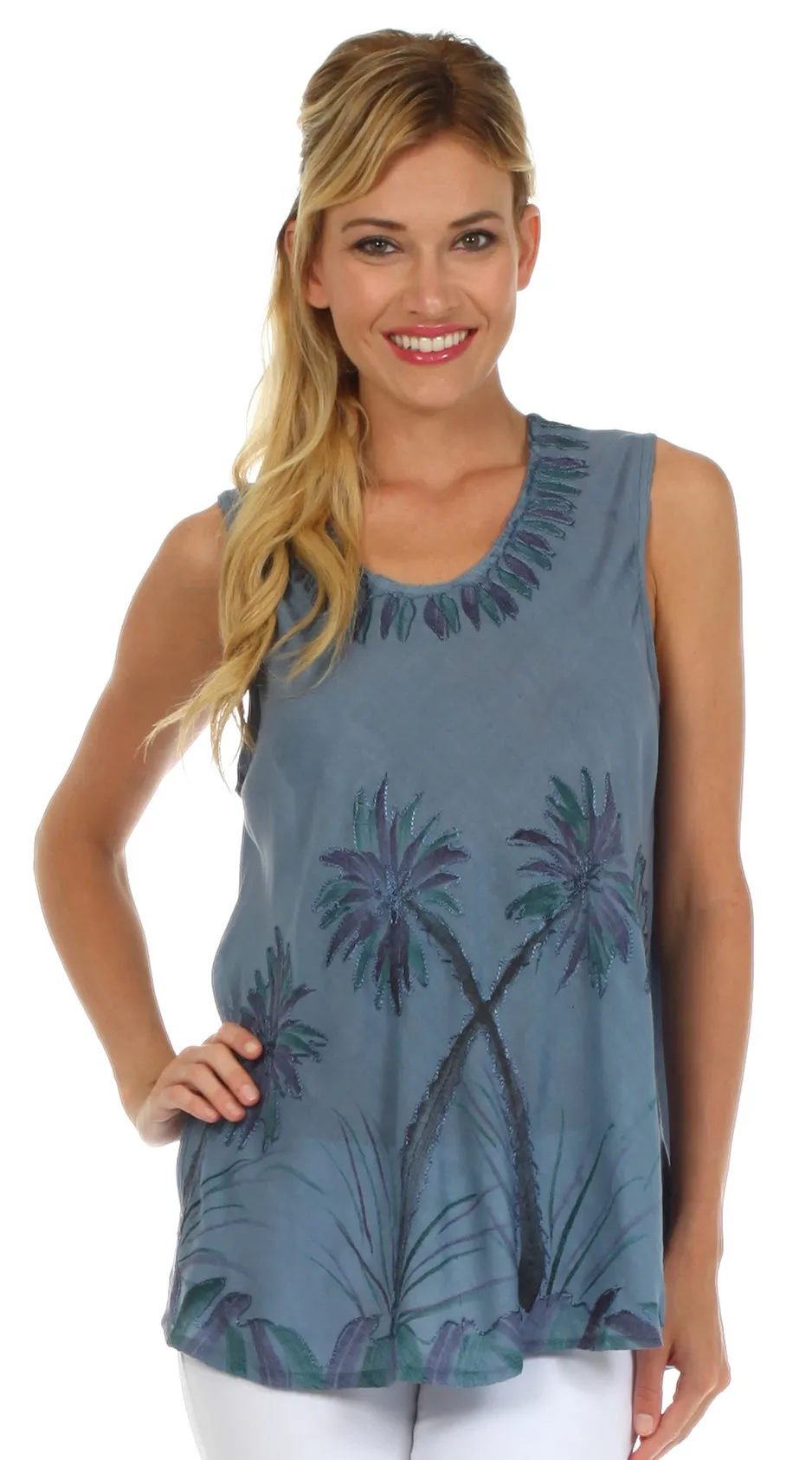 Sakkas Embroidered Watercolor Palm Tree Flared Hem Blouse