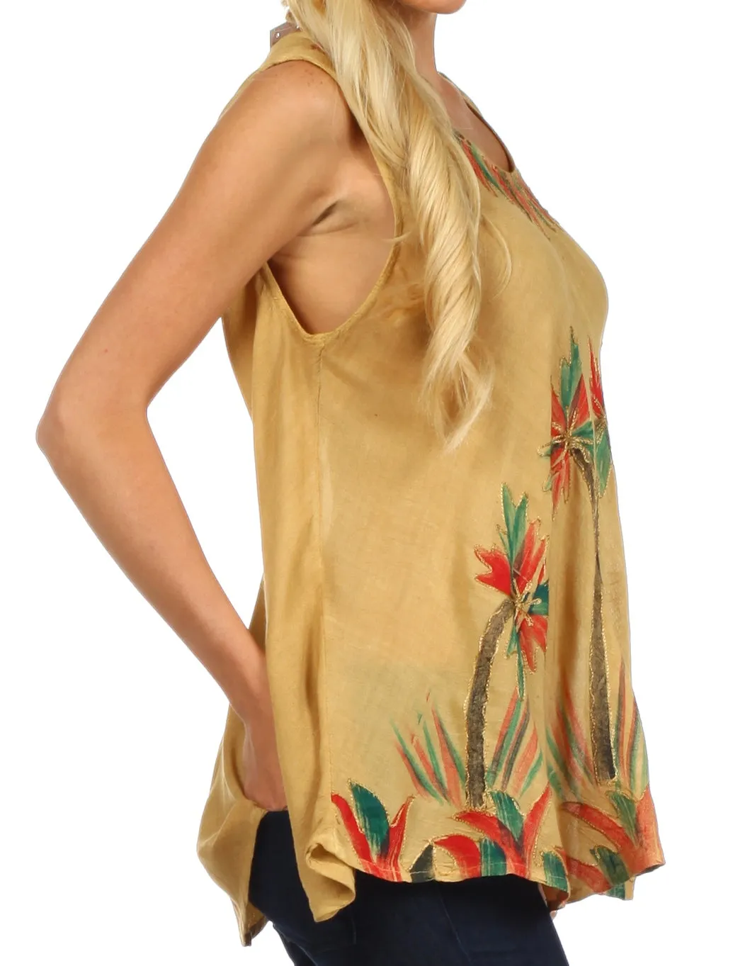 Sakkas Embroidered Watercolor Palm Tree Flared Hem Blouse