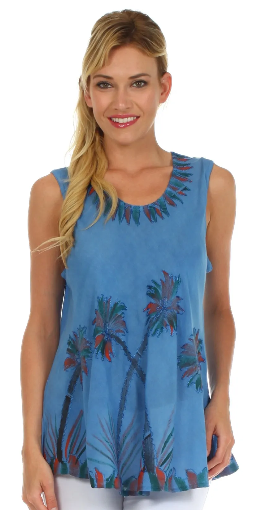 Sakkas Embroidered Watercolor Palm Tree Flared Hem Blouse