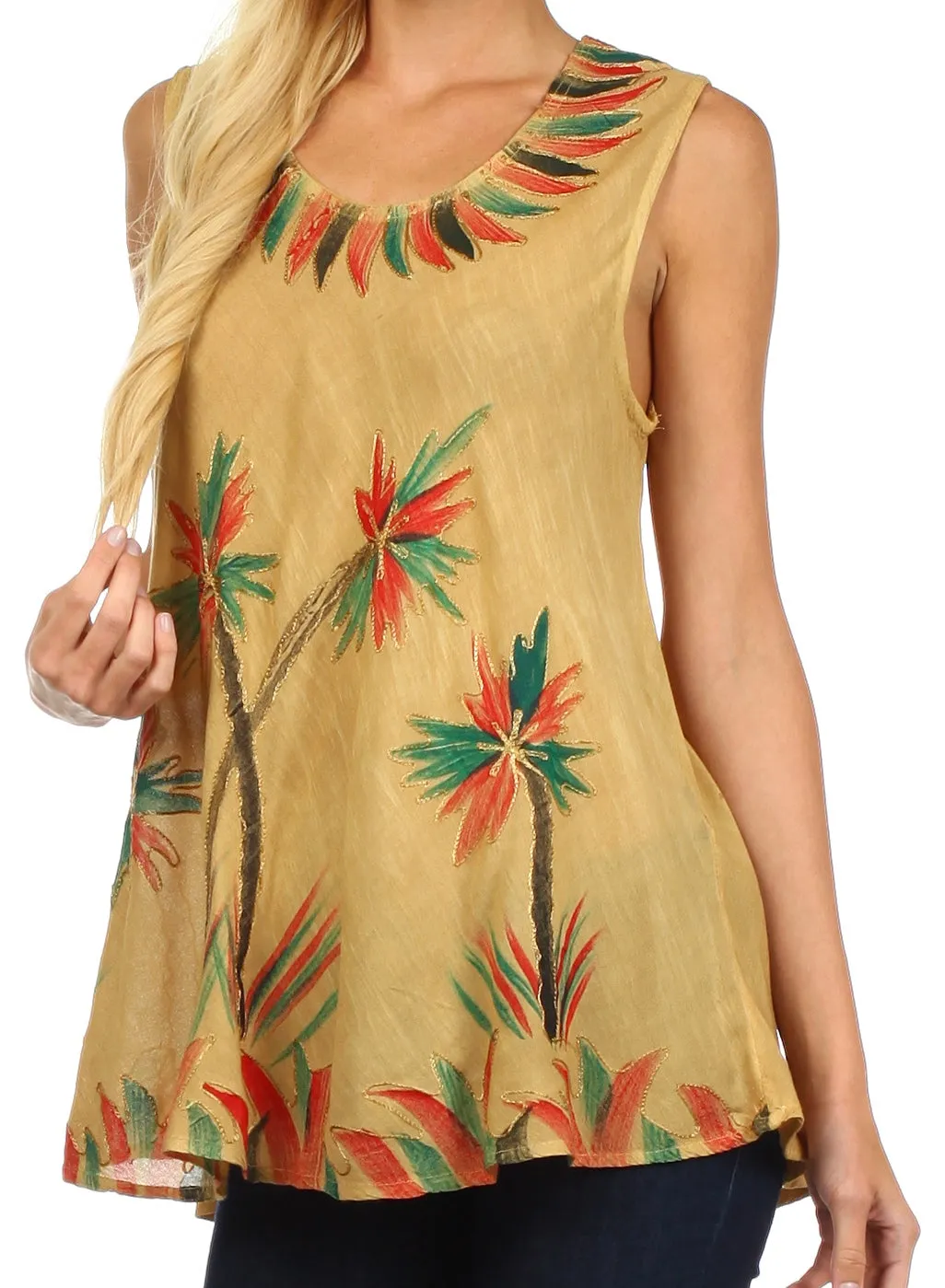 Sakkas Embroidered Watercolor Palm Tree Flared Hem Blouse