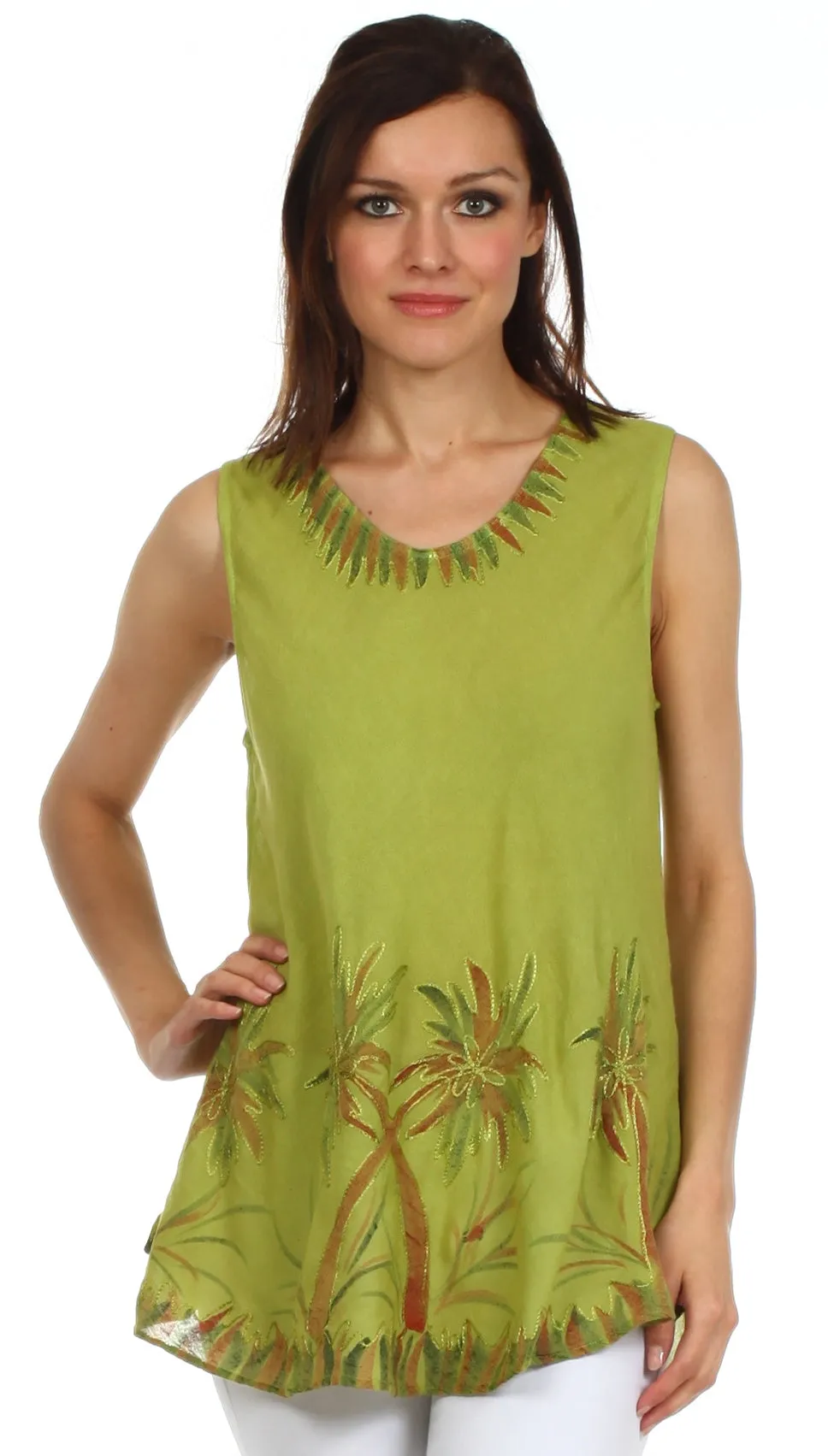 Sakkas Embroidered Watercolor Palm Tree Flared Hem Blouse