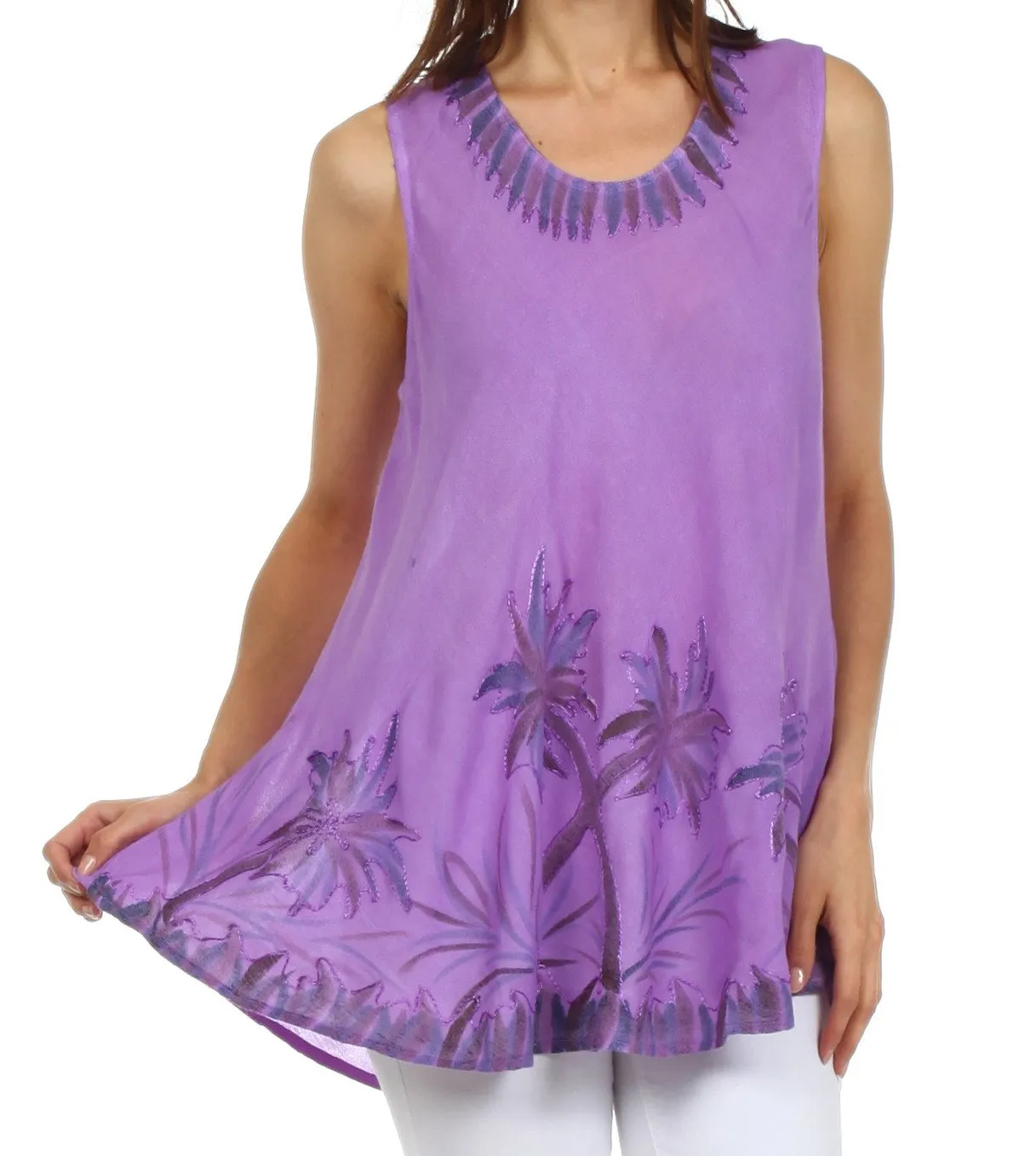 Sakkas Embroidered Watercolor Palm Tree Flared Hem Blouse