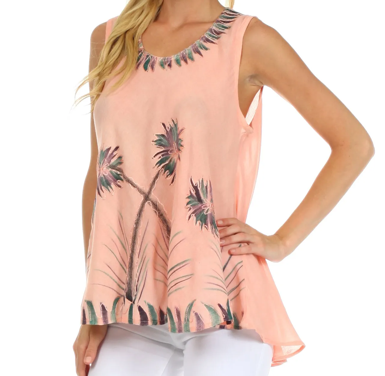 Sakkas Embroidered Watercolor Palm Tree Flared Hem Blouse