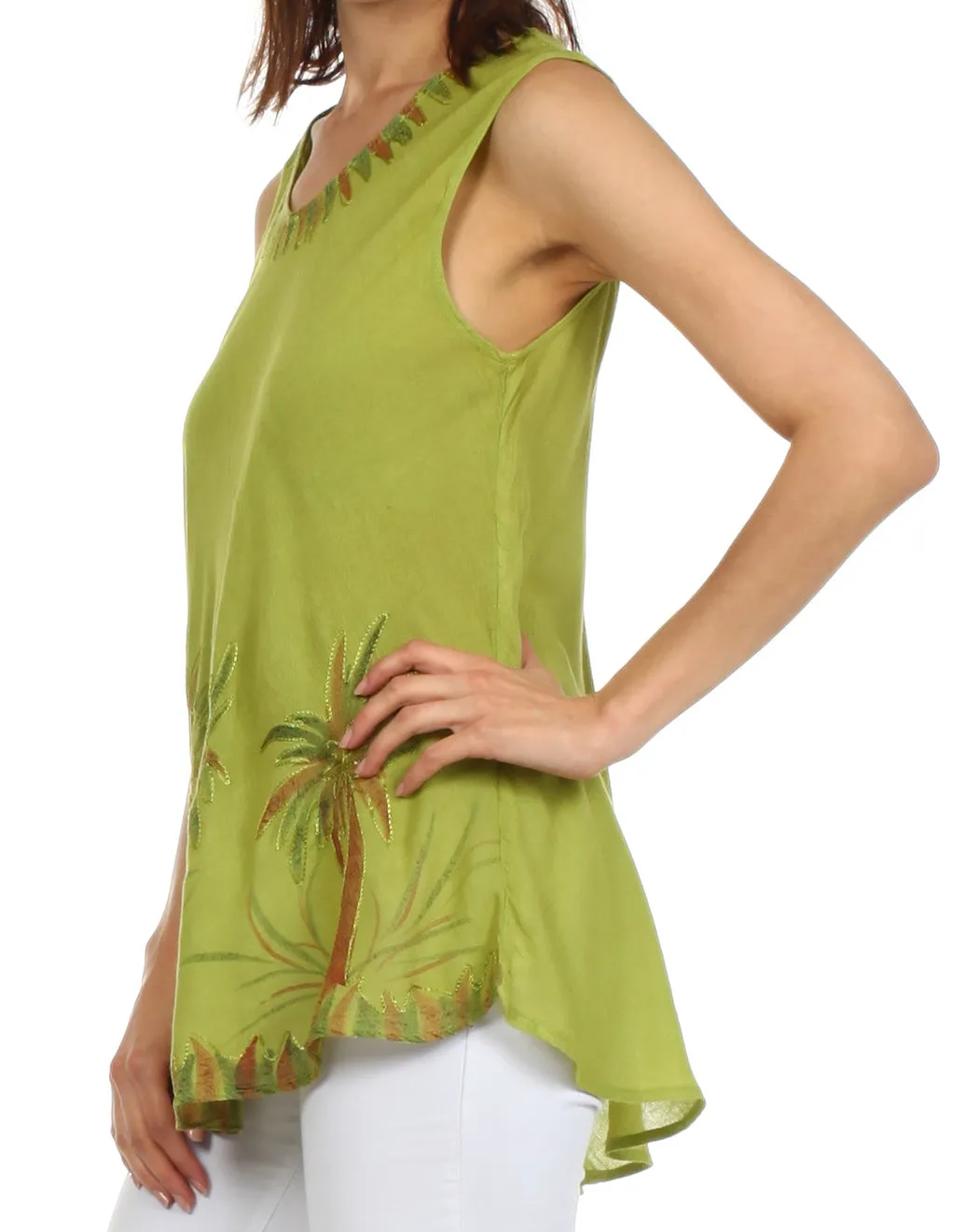 Sakkas Embroidered Watercolor Palm Tree Flared Hem Blouse